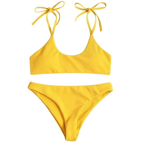 Other - Ribbed Shoulder-Tie Cheeky Bikini in Yellow